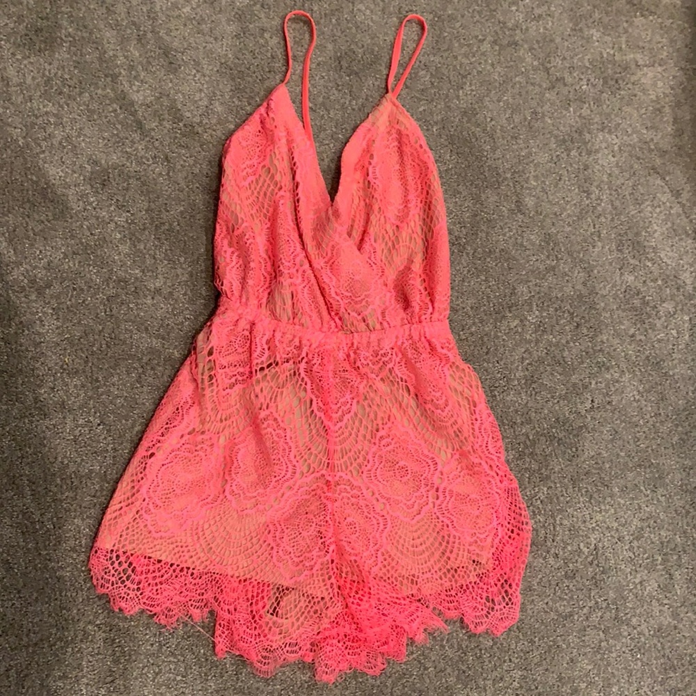 Luxxel pink romper w/ nude underlay & open back